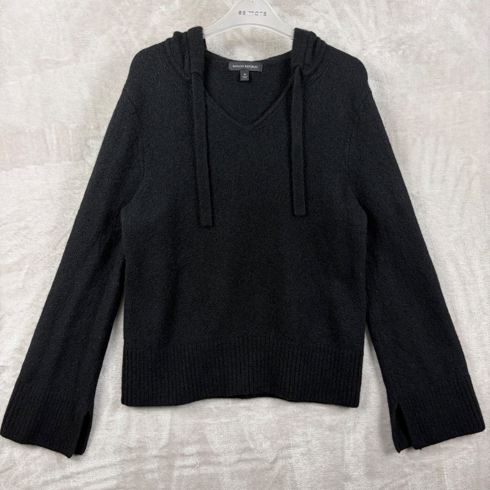 Banana Republic Wool Yak Hair Hoodie Sweater V Neck Women M Black Fall Neutral